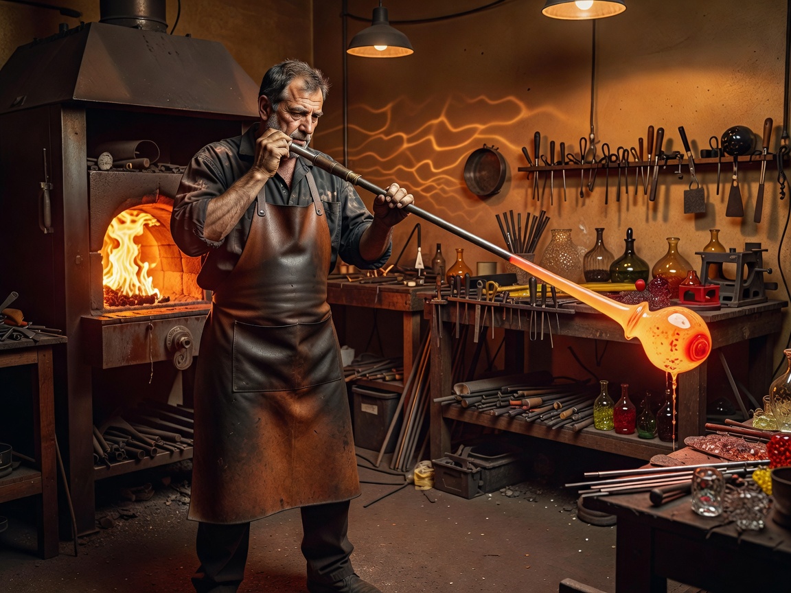 A glassblower shaping molten glass at the end of a blowpipe in a warmly lit workshop