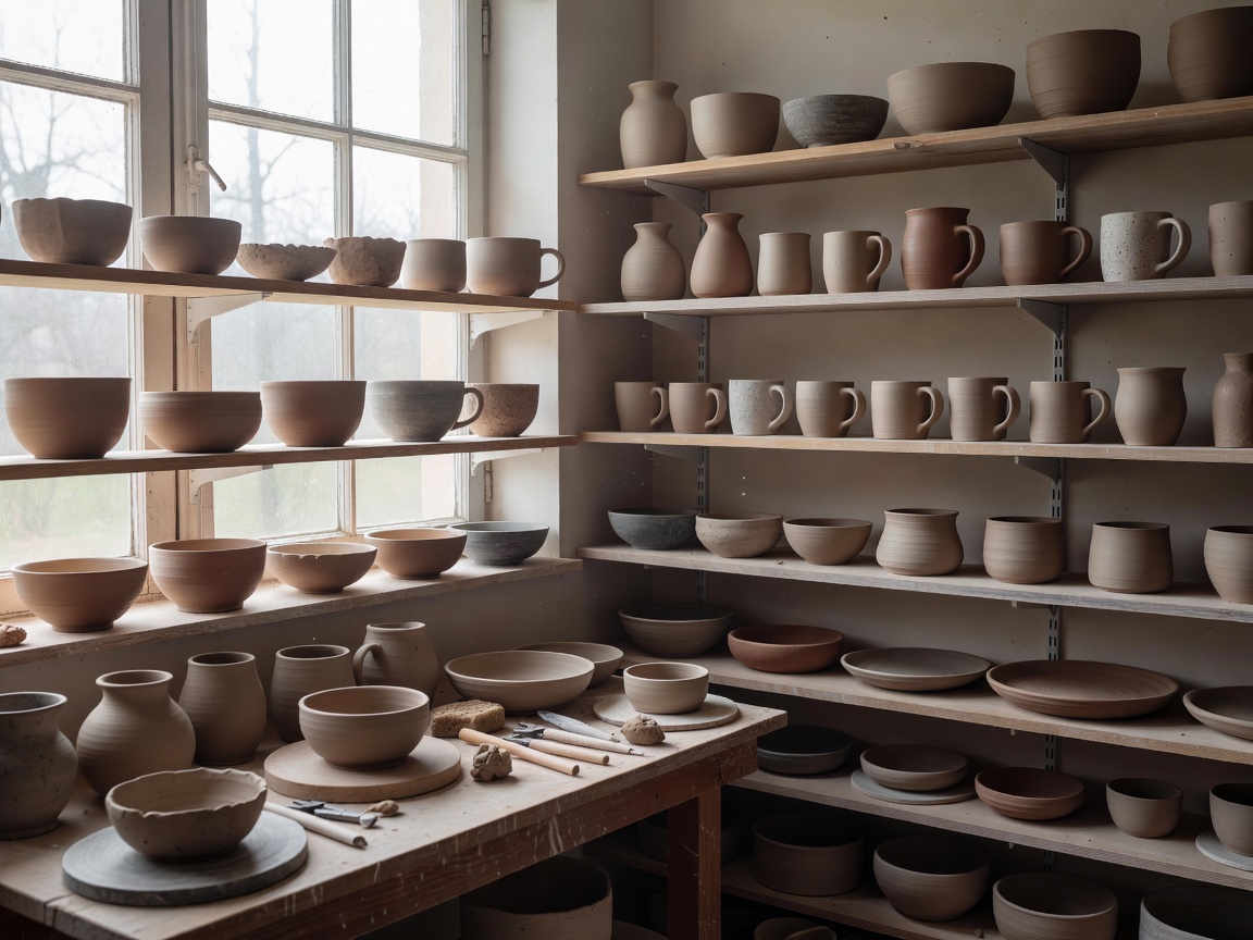 A bright ceramics studio with shelves of drying vessels bathed in soft natural light