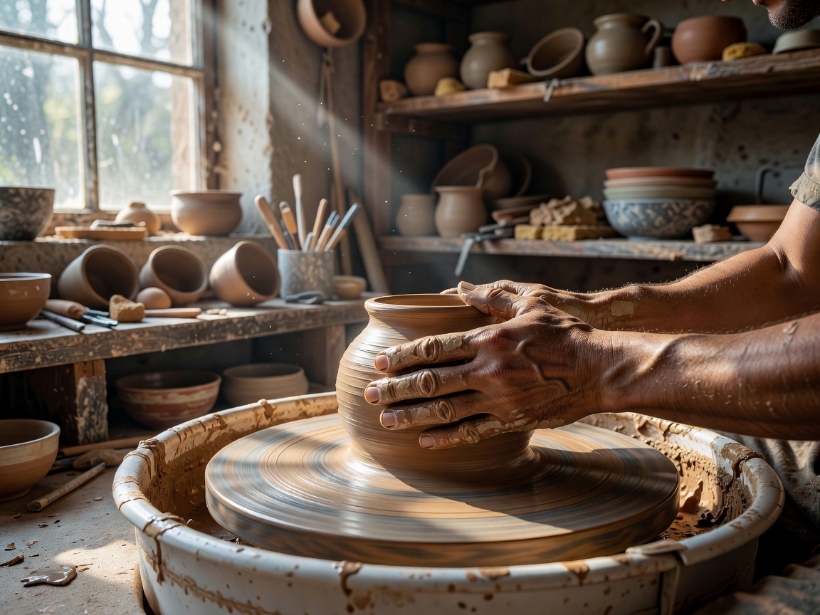 A potter's hands shaping wet clay on a spinning wheel in a naturally lit studio