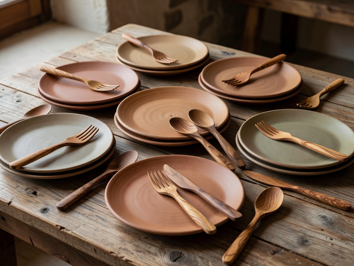 Matte clay dinner plates arranged with olive wood cutlery on a rustic table