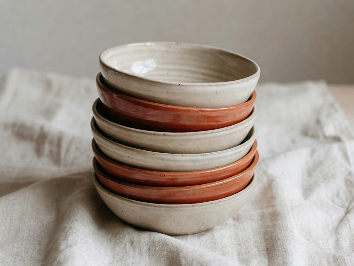 Stack of hand-thrown ceramic bowls in warm oatmeal and terracotta glazes on a linen cloth