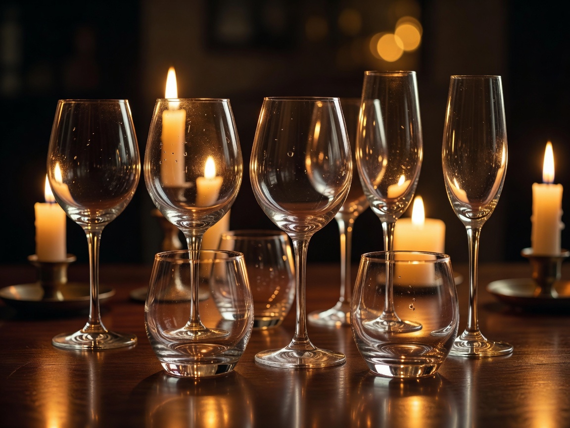 Mouth-blown drinking glasses catching golden candlelight with visible glass reflections