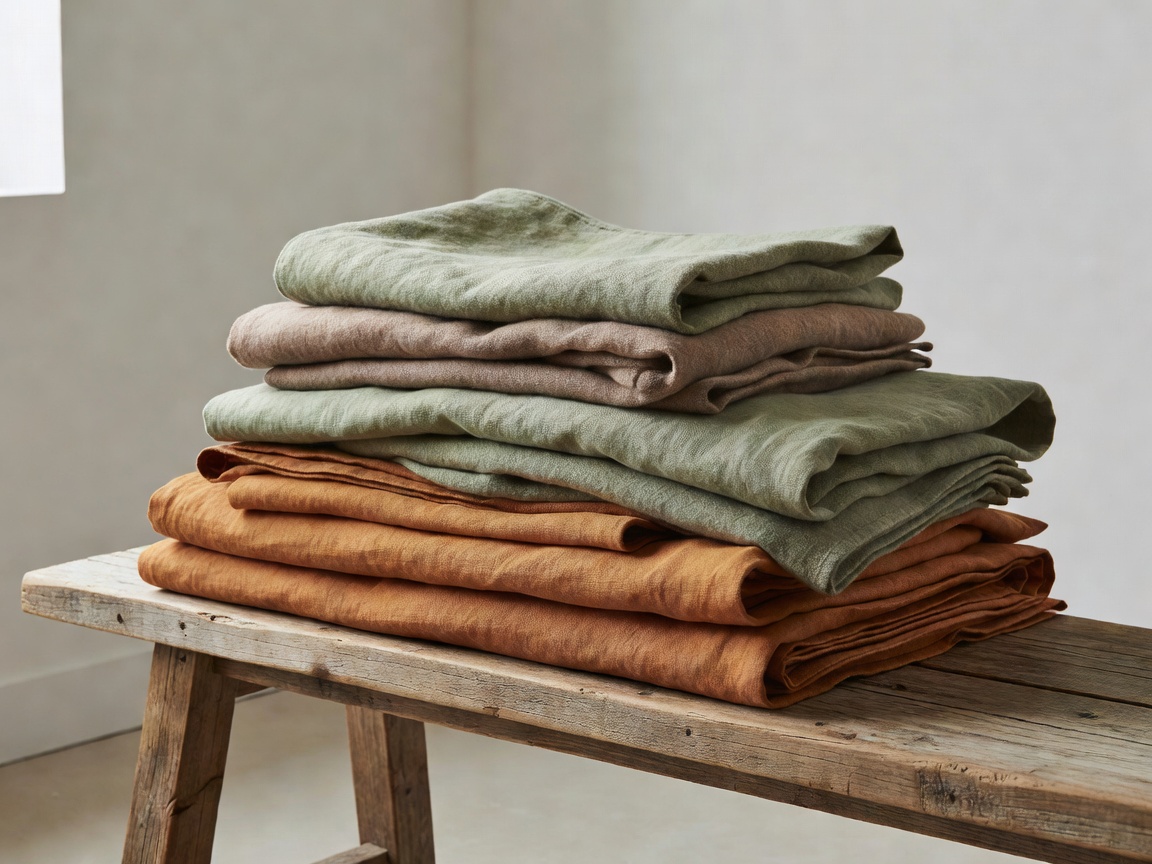 Folded natural linen tablecloths and wool throws in earthen tones stacked on a wooden bench