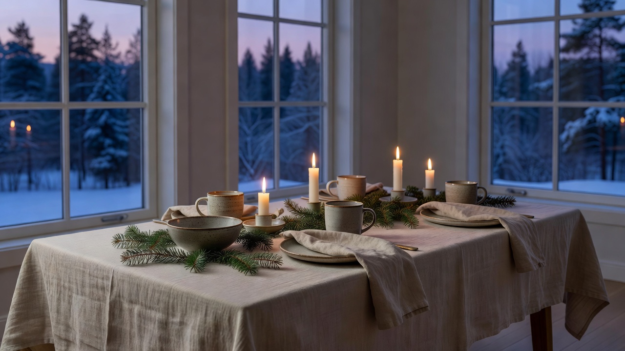 Softly lit Scandinavian dining table set with handcrafted stoneware, linen napkins and fir branches during winter dusk