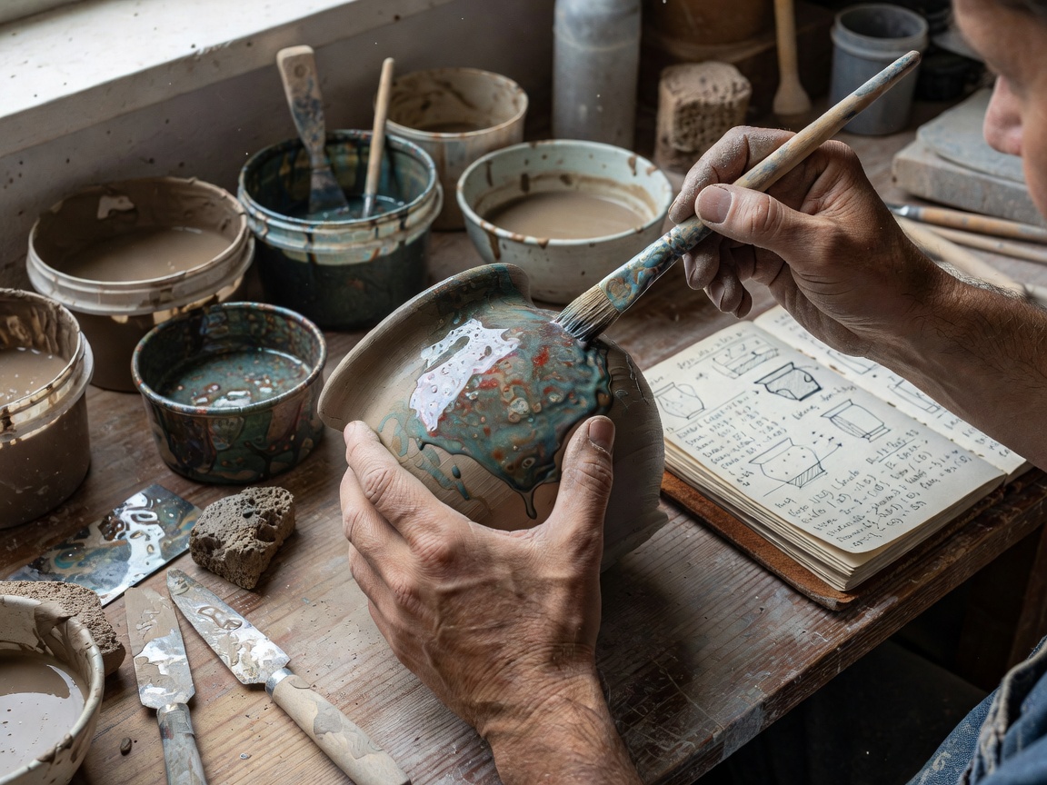 Close-up of a potter applying a reactive glaze to an unfired ceramic vessel
