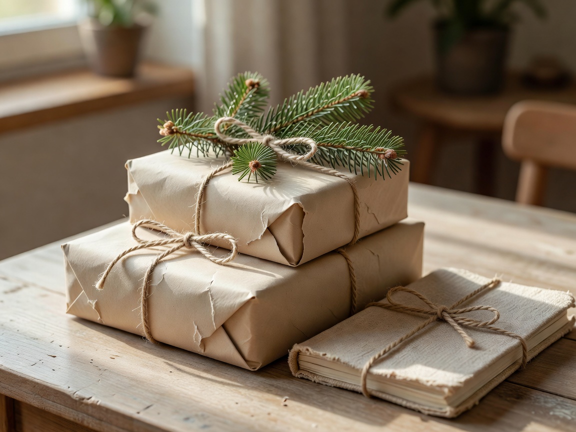 Gifts wrapped in unbleached paper tied with twine and a sprig of fir