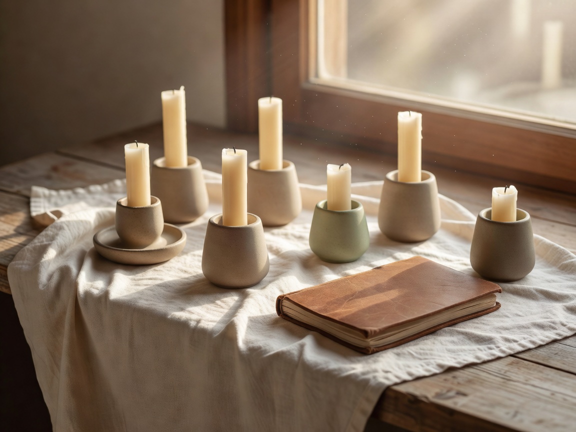 Soft morning light falling across a linen-draped windowsill with ceramic candle holders