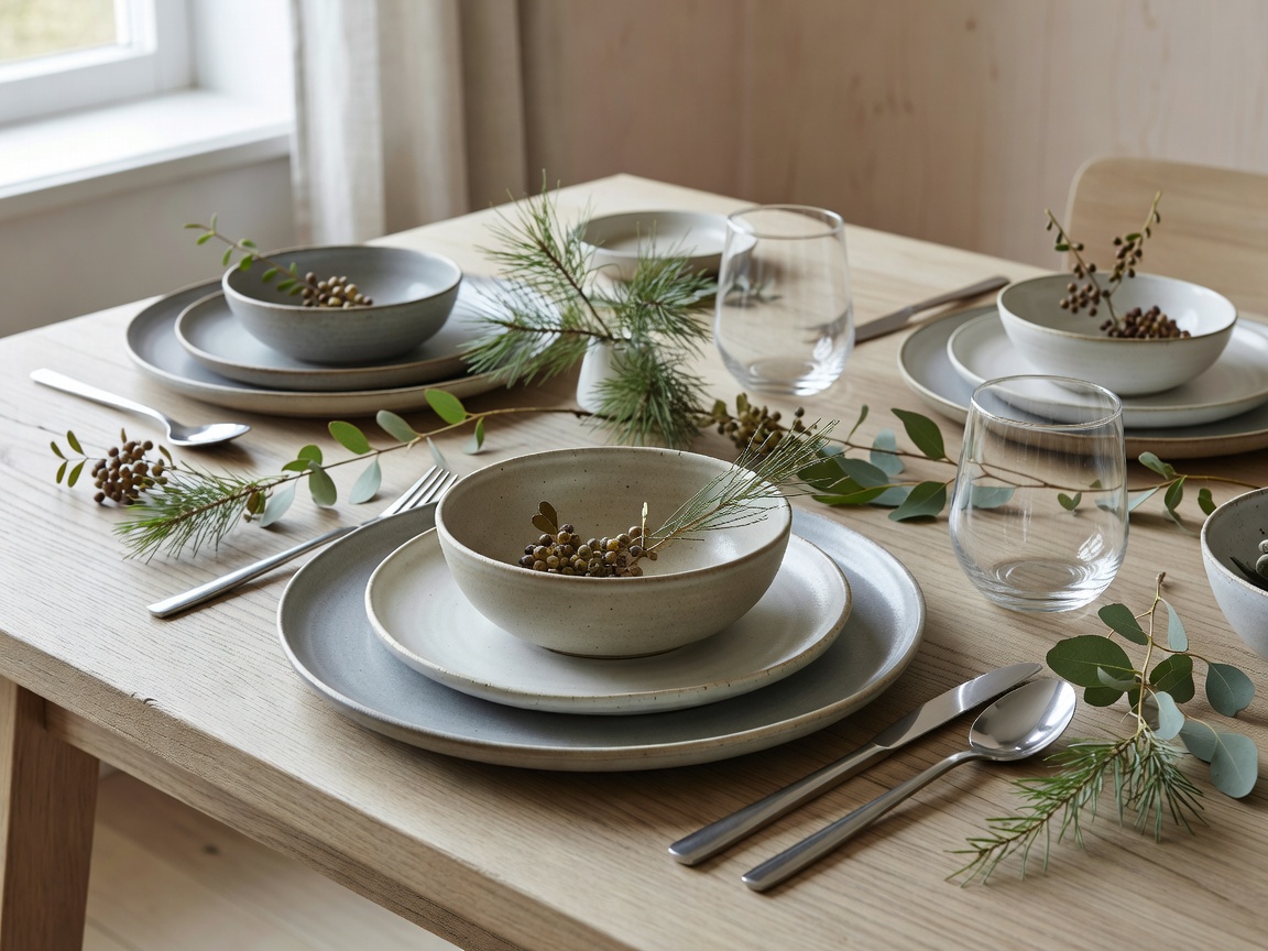 An elegantly composed Scandinavian table setting with layered ceramics and natural foliage