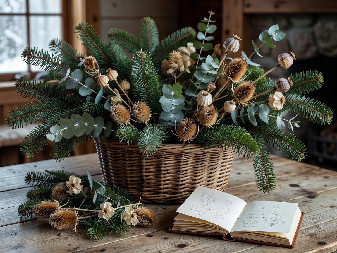 A basket of foraged fir, eucalyptus and dried seed heads gathered for winter styling