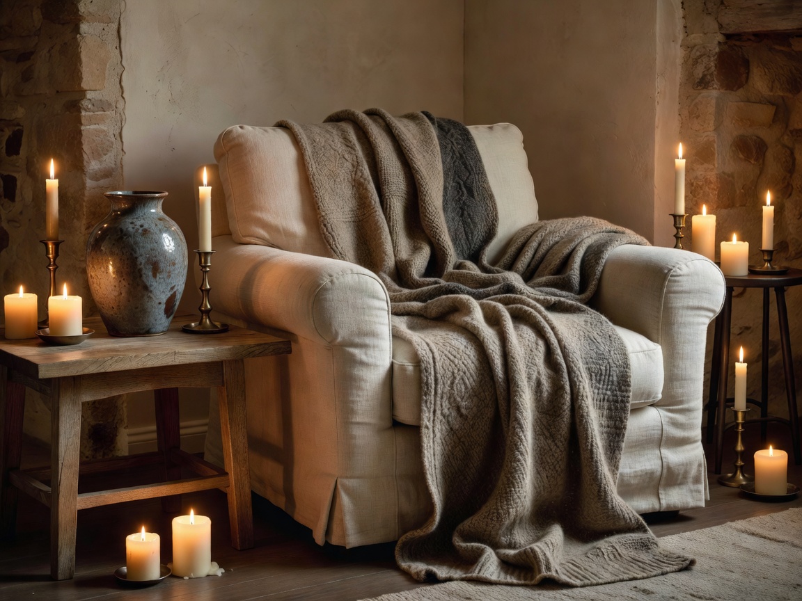 A candlelit living room corner with a wool throw draped over a linen armchair beside a stoneware vase