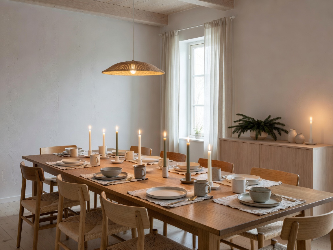 A warmly lit Scandinavian dining room set for a holiday meal with ceramic tableware and taper candles