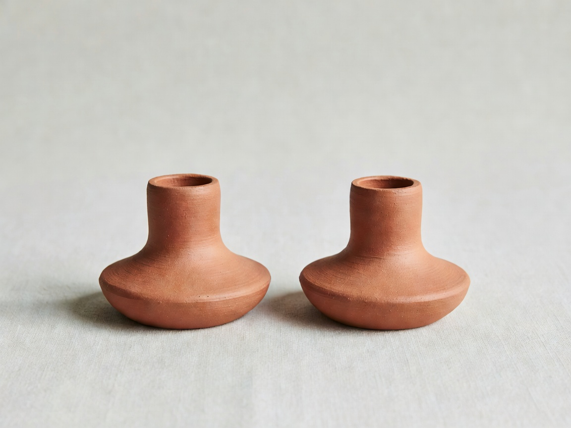 Pair of small clay taper candle holders in a raw terracotta finish