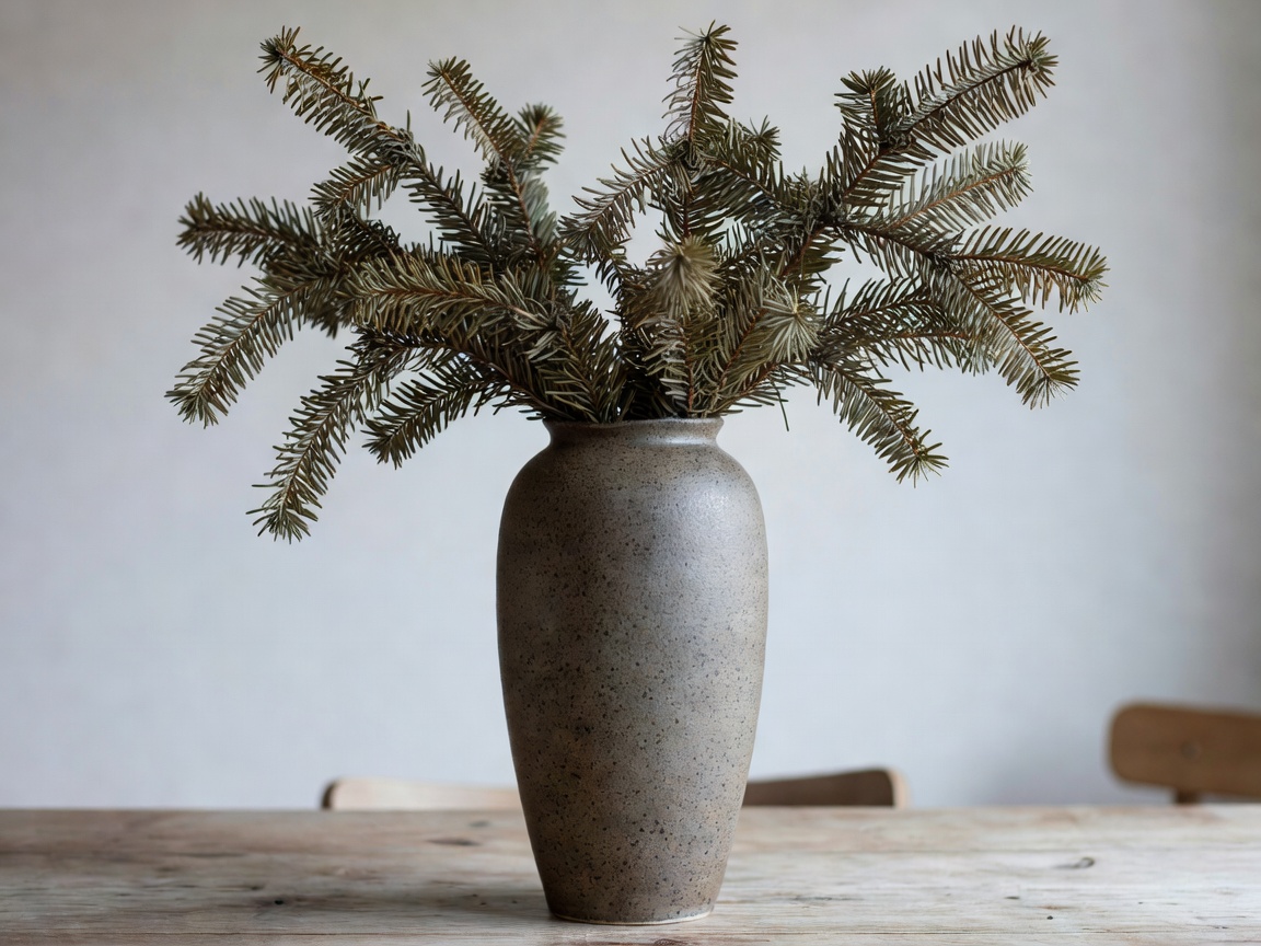Tall stoneware vase with a speckled matte finish holding dried fir branches