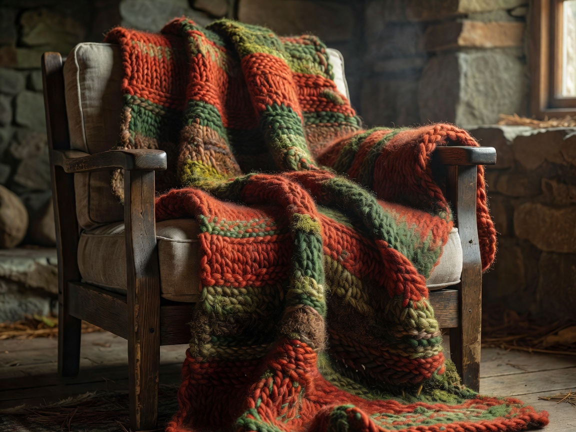 Chunky woven wool throw in earthen terracotta and forest tones