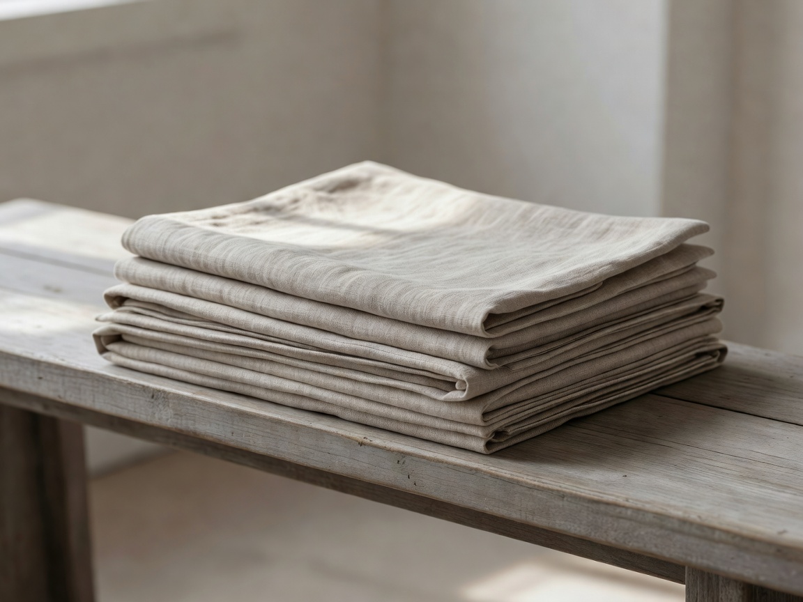 Washed natural linen tablecloth folded on a bench