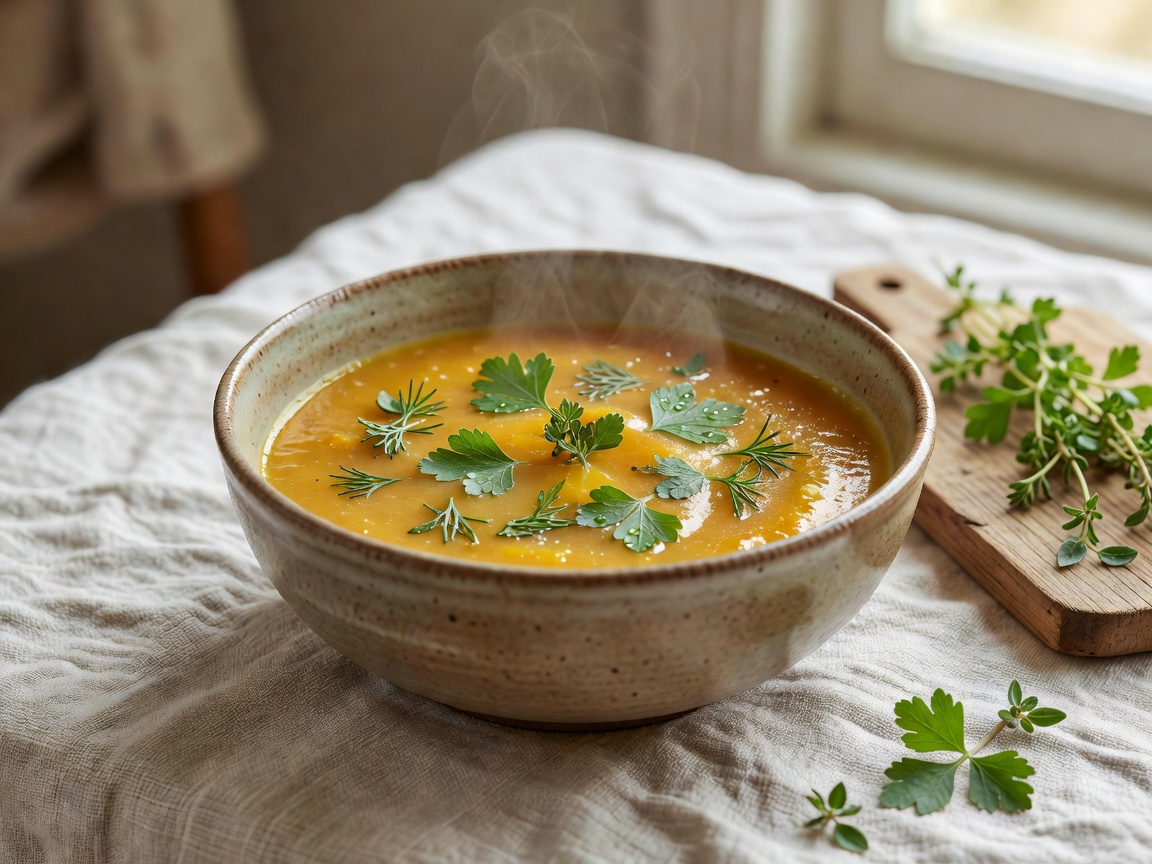 Solstice bowl styled on a linen table with soup and fresh herbs