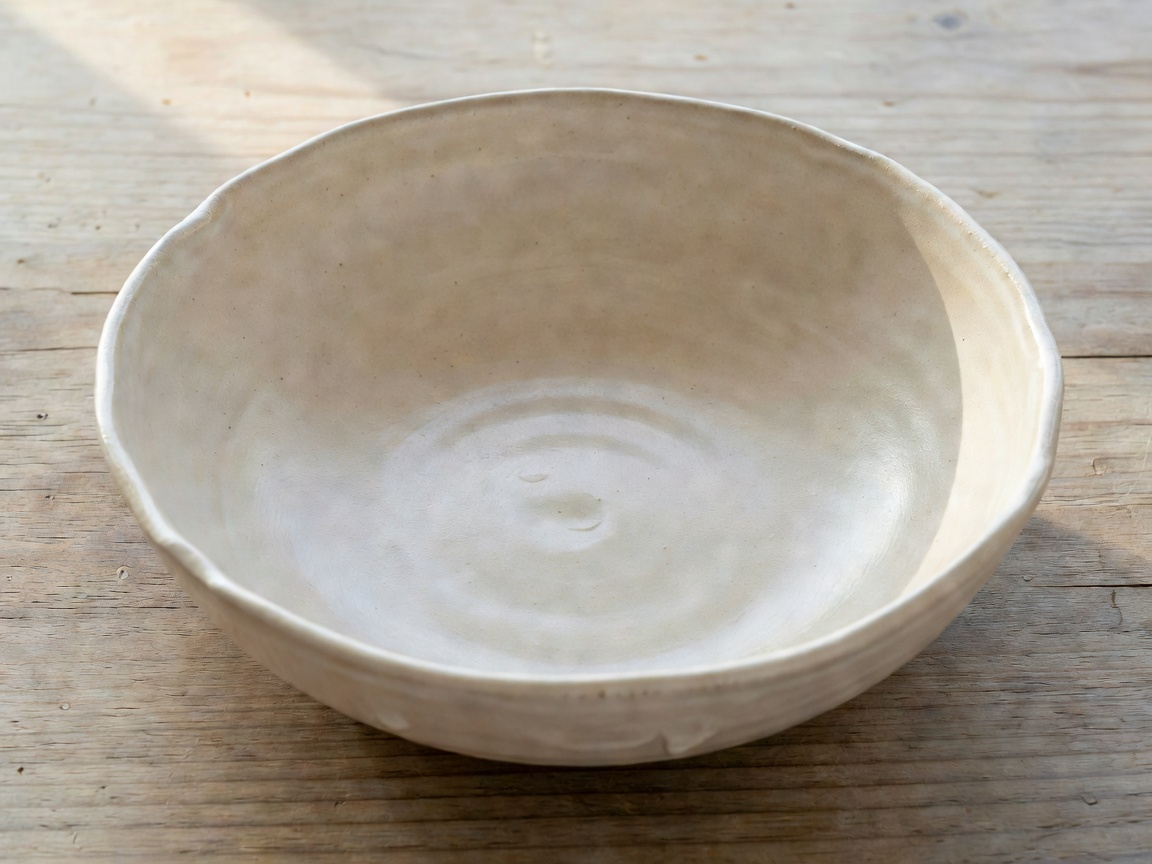 Hand-thrown Solstice stoneware bowl in warm oatmeal glaze, viewed from above
