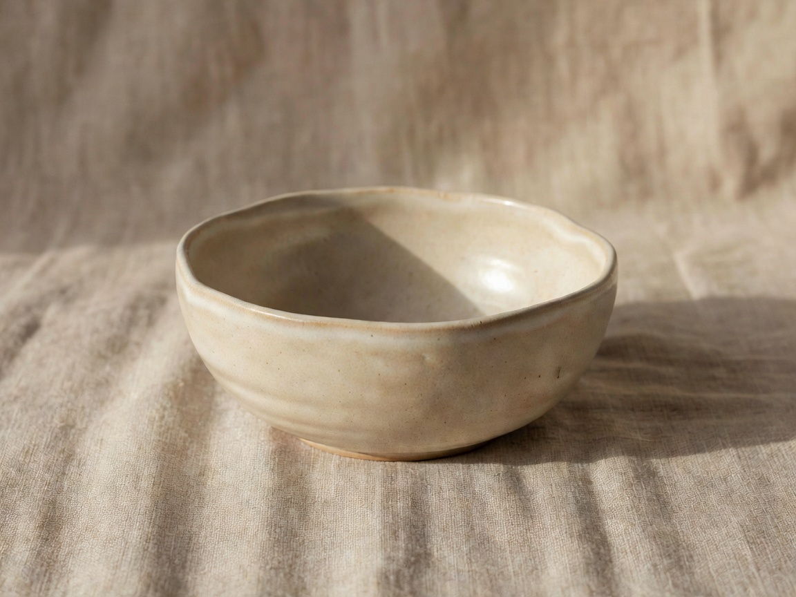 Hand-thrown stoneware bowl in a warm oatmeal glaze on a linen surface